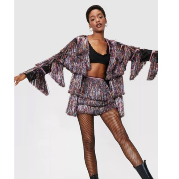 Nasty Gal Nasty Gal Metallic Tiered Tinsel Fringe Open Front Jacket - Picture 1 of 8